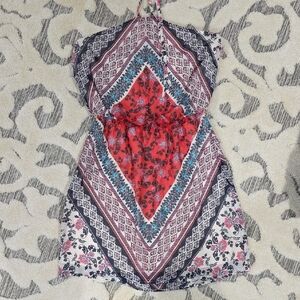 Floral Halter Dress with Red and Blue Accents